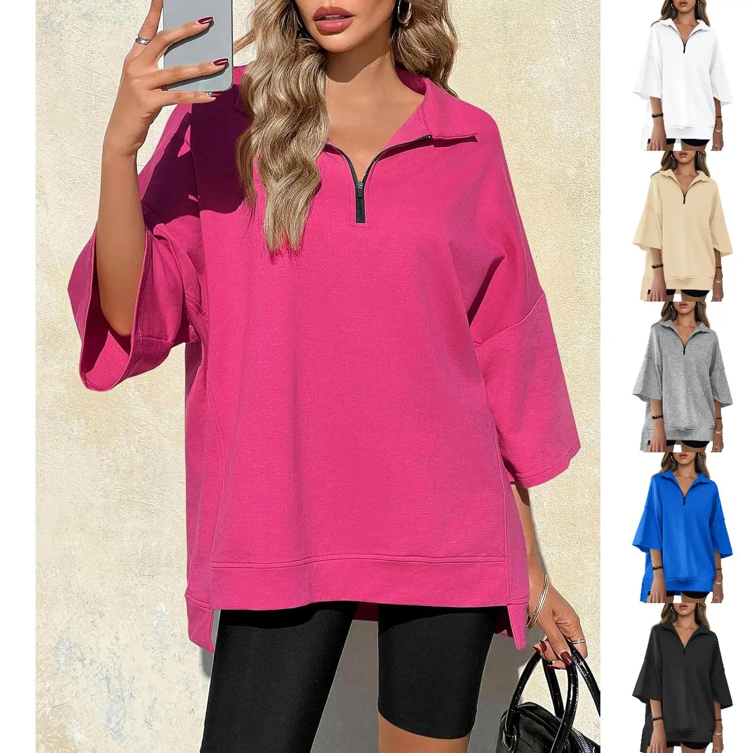 Women's Comfortable Oversized Style Zip-Up V-Neck Hoodie - 3/4 Sleeves, High-Low Hem Tunic Sweatshirt with Zipper for Outdoor Wear, Baggy, Tops, Lazy Outfit, Casual Fit, Basic, Light, Comfy Casual, Oversized Look, Outdoors, Layering Outfits, Casual Wear