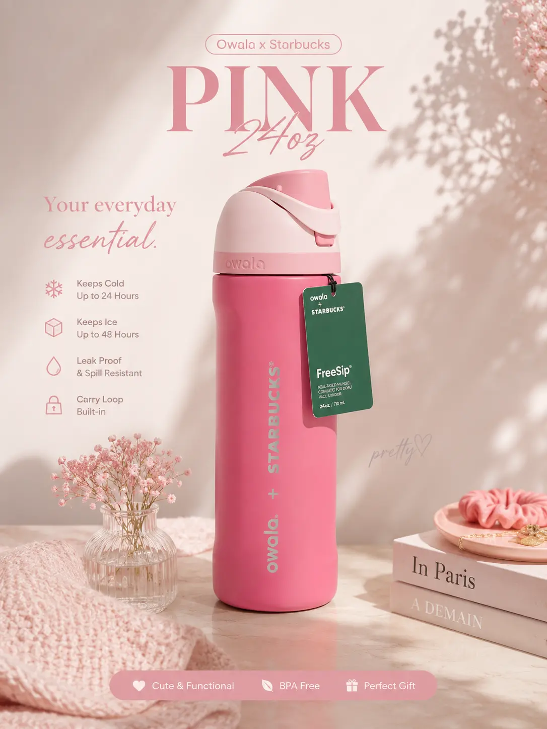 Owala x Starbucks New Pink Collection 24oz FreeSip Water Bottle – Insulated Stainless Steel Bottle with Straw and Carry Loop