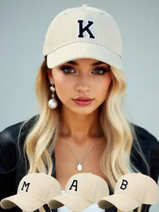 1 PC A-Z Letter Japanese Style Corduroy Baseball Cap - Unisex Blank Solid Color Fall Winter Hat with Sun UV Protection Adjustable Casual Embroidered Trucker Hat for Men Women