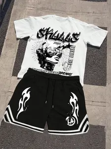 Men's Summer 2-Piece Set, Menswear, Letter Robot Print Round Neck Short Sleeve Casual T-Shirt + Waist Drawstring Gym Shorts, Outdoor Activity