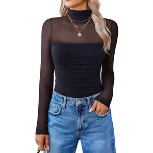 Women Long Sleeve Bodysuit Turtle Neck Shapewear Body Suits Mesh One Piece Leotard Shirt Going Out Tops Fall Outfits