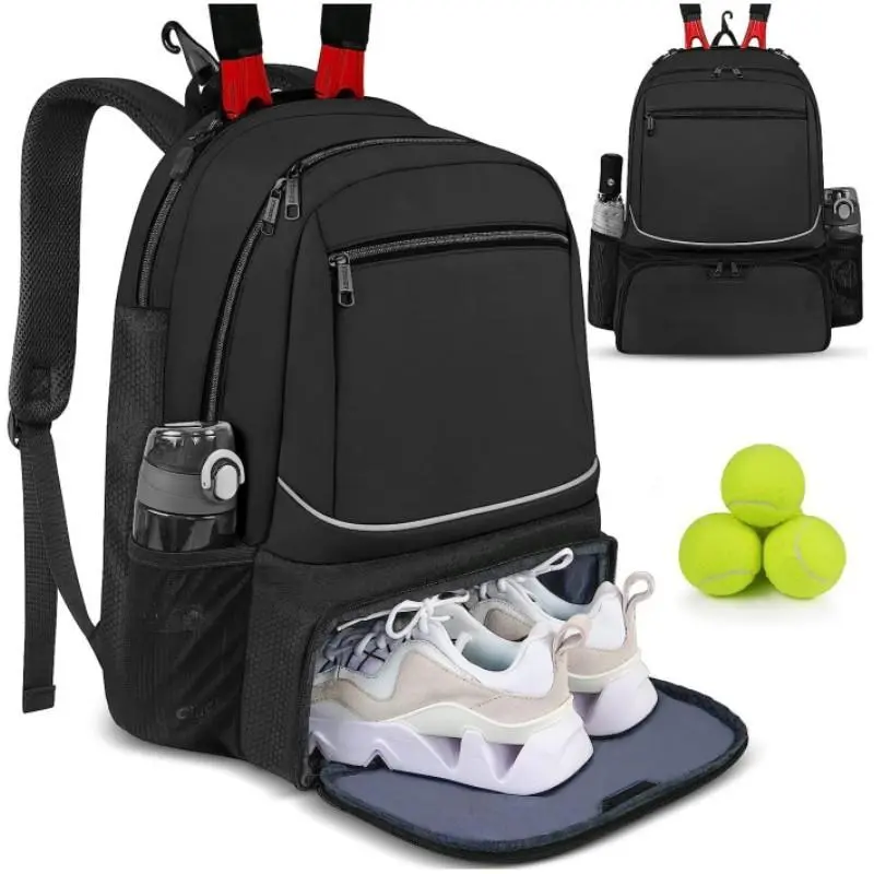 Jusenda Unisex Multi-Compartment Large Capacity Outdoor Sports Backpack - Holds 1-2 Tennis/Badminton Rackets, With Shoe Pocket, Black or Pink, Back to School Gift, Holds Rackets, Summervibes Outdoor Fun, Black Backpacks, Backpack Style Backpacks