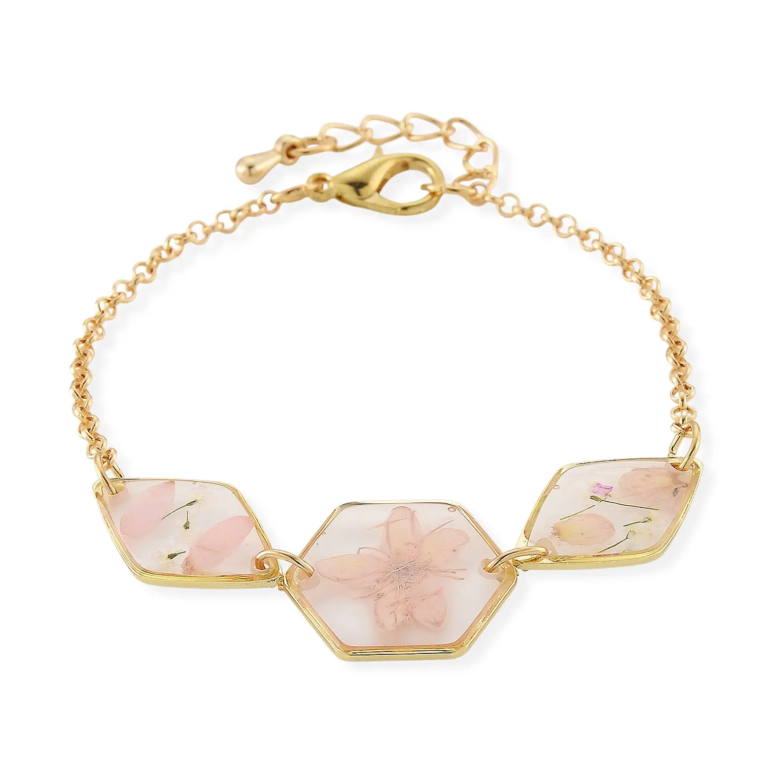 Resin Bracelet with Dry Flowers Filled Hexagon Shaped Charms in Goldtone (7.5-8.5In) Resin Bracelet with Dry Flowers Filled Hexagon Shaped Charms in Goldtone (7.5-8.5In)