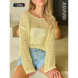 Women's Casual Solid Color Semi-transparent Mesh Open Knit Crochet Bell Sleeve Knit Sweater