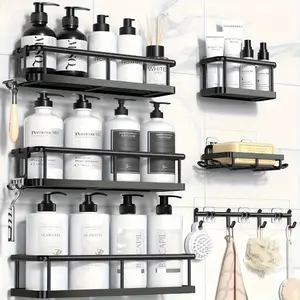 6-Piece Rust-Resistant Carbon Steel Shower Organizer Set, Includes Soap Holder & Hooks, No Drilling Wall-Mounted Bathroom Rack