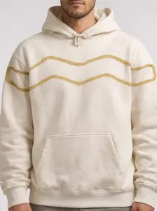 Men's Pullover Hoodie with Metallic Gold Wave Trim, Fleece Streetwear Sweatshirt, Kangaroo Pocket, Relaxed Fit