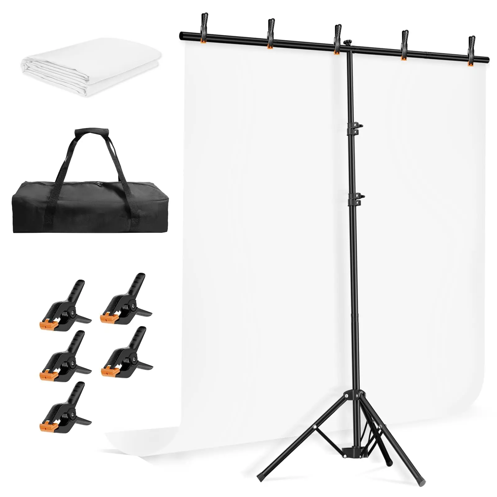 EMART 5 * 6.5ft White Photo Backdrop Stand Kit with T-Shape Stand Portable lightweight T-shaped metal stand for easy setup，suitable for portrait photography, live streaming, content recording