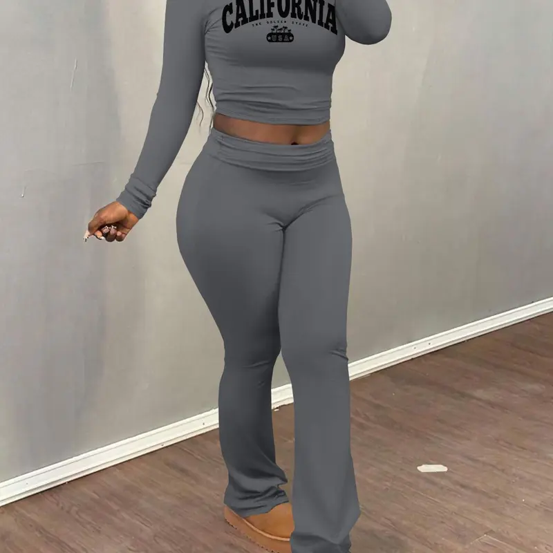 Women's Letter Print Crop Tee & Plain Flare Leg Pants Two-piece Set, Casual Round Neck Long Sleeve Top & Bell Bottom Trousers for Fall & Winter, Women's Clothes for Daily Wear