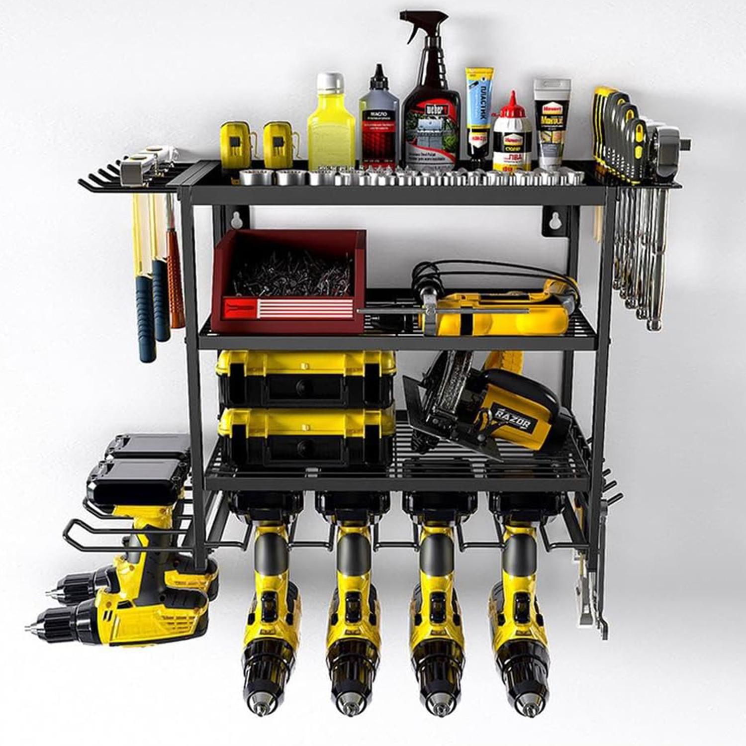 Power Tool Storage Wall Mounted Rack, 4 Layer Power Drill Tool Holder for 4 Power Drill Tools, Heavy Duty Tool Shelf with Side Screwdriver Rack and Hooks for Garage, Workshop