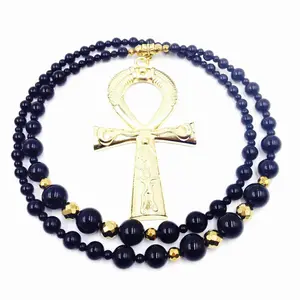 Spiritual Protection Ankh Jewelry - Black Onyx Agate Necklace - Unisex Long Ankh Necklace