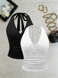 Women's Two-Piece Halter Ruched Short Top Set, Leopard Print & Solid Color Tie Back Vest, Casual Summer Womenswear