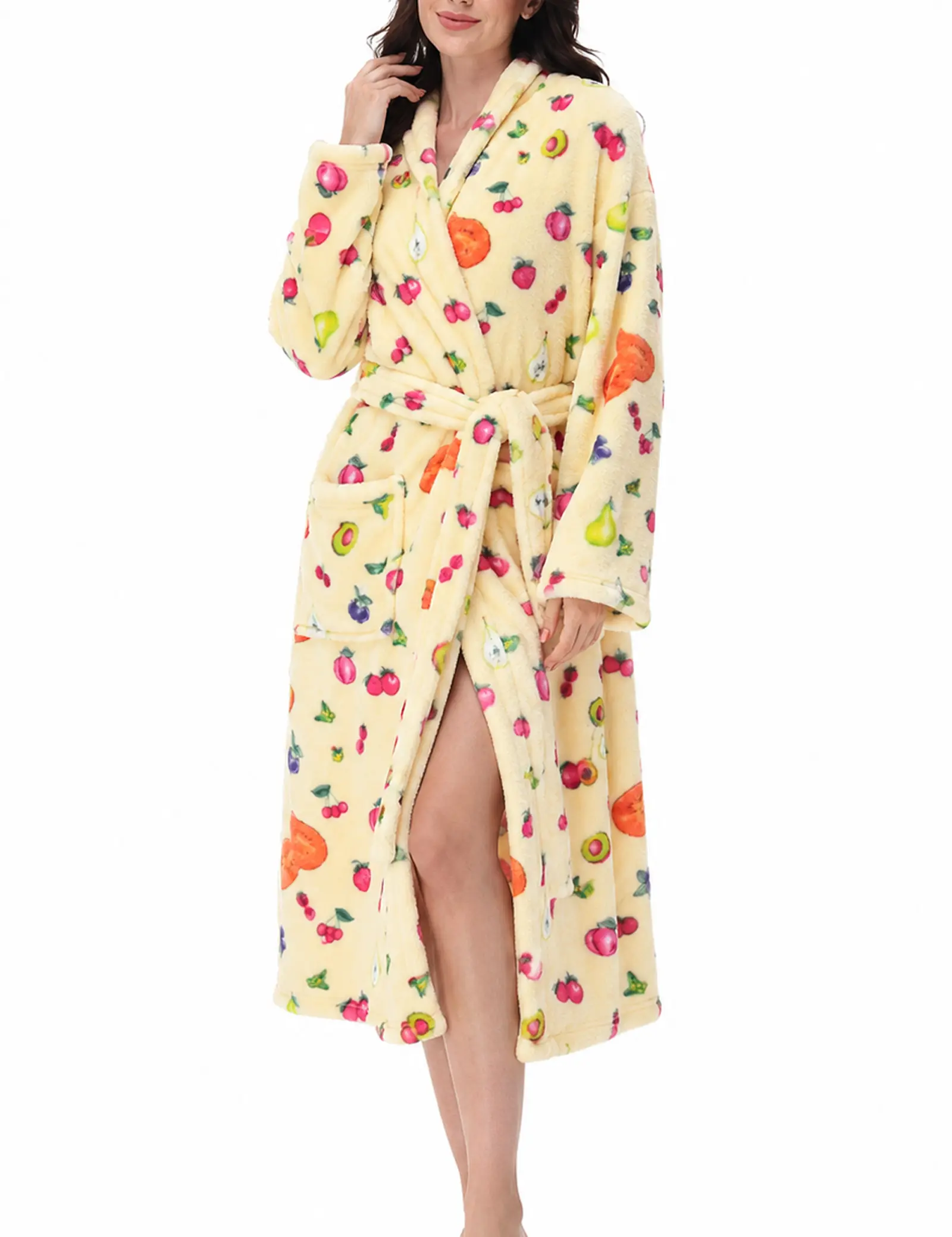 Women's Floral/Fruit Printed Flannel Deep V Bathrobe - Double-Sided Thick Long-Sleeve Belted Fluffy Plush, Adjustable Breathable Fabric, Pockets, Warm Fall Winter Nightwear for Indoor, Beach, Poolside Use, Lady