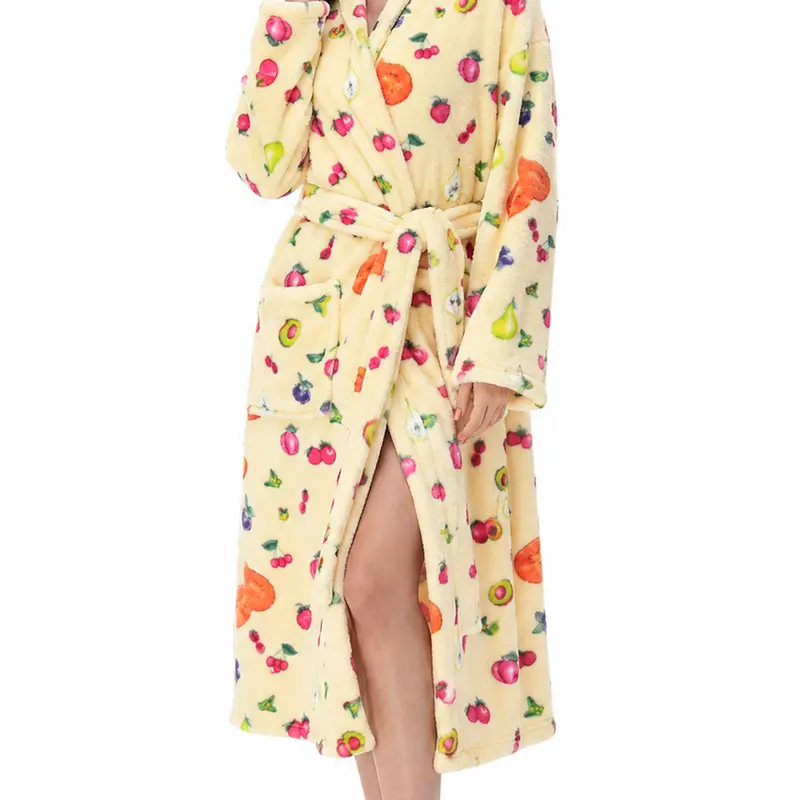 Women's Floral/Fruit Printed Flannel Deep V Bathrobe - Double-Sided Thick Long-Sleeve Belted Terry Tie-Front, Quick-Drying Adjustable Breathable Fabric, Pockets, Lightweight Shawl Gown, Warm Fall Winter Indoor Beach Nightwear