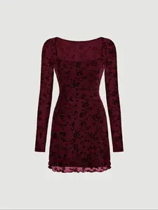 Women's Floral Jacquard Lettuce Trim A Line Dress, Y2K Fashion Casual Long Sleeve Square Neck Short Dress for Daily Outdoor Wear, Casual Fashionable Dress, Womenswear Ladies Clothes for All Seasons