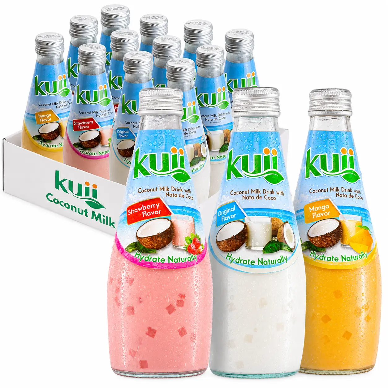 Kuii Coconut Milk Drink Variety Pack – 12 Count with Original Coconut, Strawberry & Mango Flavors – Refreshing Drinks with Nata de Coco for Fun & Fruity Tropical Hydration, 9.8 fl oz Bottles