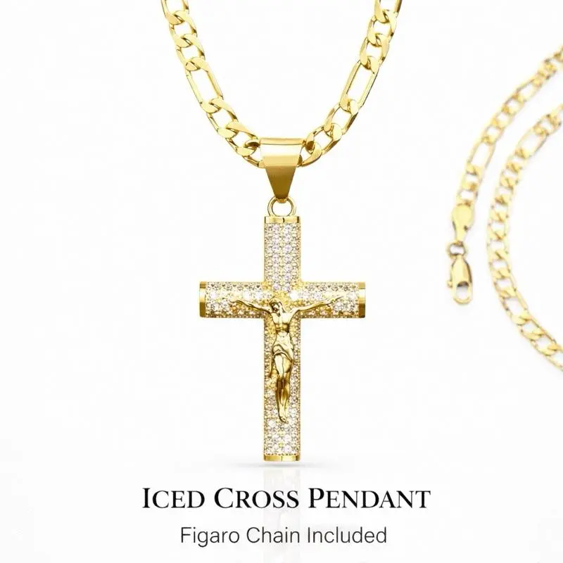 14K Figaro Link Chain 18" 4mm- Religious Cross Jesus Christ Crucifix Bling Pendant Iced Brass with CZ Diamond for Hip Hop Daily Wear Necklace