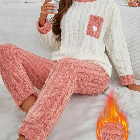 2 Piece Women's Autumn Winter Fleece Lined Cozy Loose Sleepwear Set, Long Sleeve Top with Pocket, Heart Embroidery, Relaxed Fit Pants for Home Use