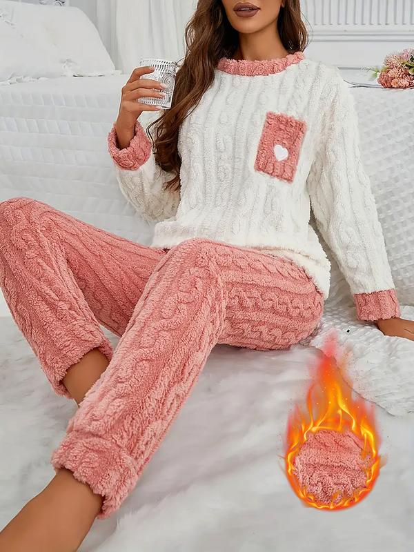 Women's Fleece Lined Sleepwear 2 Piece Set, Long Sleeve Pocket Top & Relaxed Fit Pants for Home Use, Autumn Winter Pajama Set Women's Fleece Lined Sleepwear 2 Piece Set, Long Sleeve Pocket Top & Relaxed Fit Pants for Home Use, Autumn Winter Pajama Set