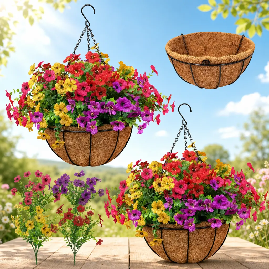2 Sets UV-Resistant Artificial Hanging Flower Baskets with 24 Realistic Daisies & Eucalyptus - Easy Assembly, Bedroom Decor - Housewarming Gift, Mother’s Day Gift for Porch, Patio