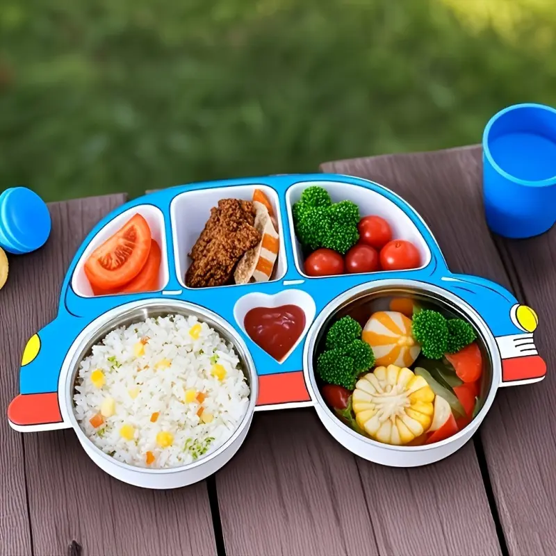 1PC Car Shaped Divided Kids Dinnerware Set with Lid BPA Free Leakproof Childrens Tableware for Home and Travel BPA Free Kids Plates with Non Slip Bottom Toddler Dinnerware Set