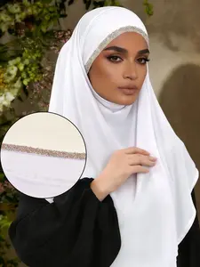 1pc Instant Hijab with Ties for Women, Plain Color Muslim Scarf with Rhinestones, Soft Breathable Turban for All Seasons