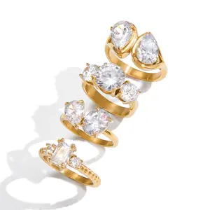 18K Gold Plated Stainless Steel Cubic Zirconia Rings for Women, Toi Et Moi & Three Stone CZ Engagement Promise Rings,Stackable Statement Jewelry