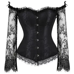 Renaissance Corset Top with Sleeves for Women 3/4 Corset Sleeve Plus Size Corsets Renaissance Corset Strap Black Costumes Princess Overbust Halloween Costumes Ideas Party Outfit Gothic Corset 8125-Q