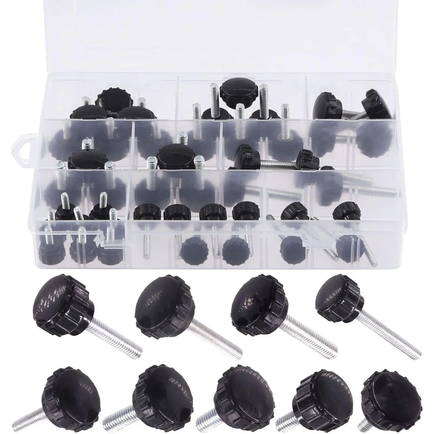 48 Pcs M4 M5 M6 Male Threaded Knurled Thumbscrew Grip Knobs Assortment Set, 22# 14# Black Round Clamping Screw Nuts Knob Handle Thumb Screws for Electronic Machinery