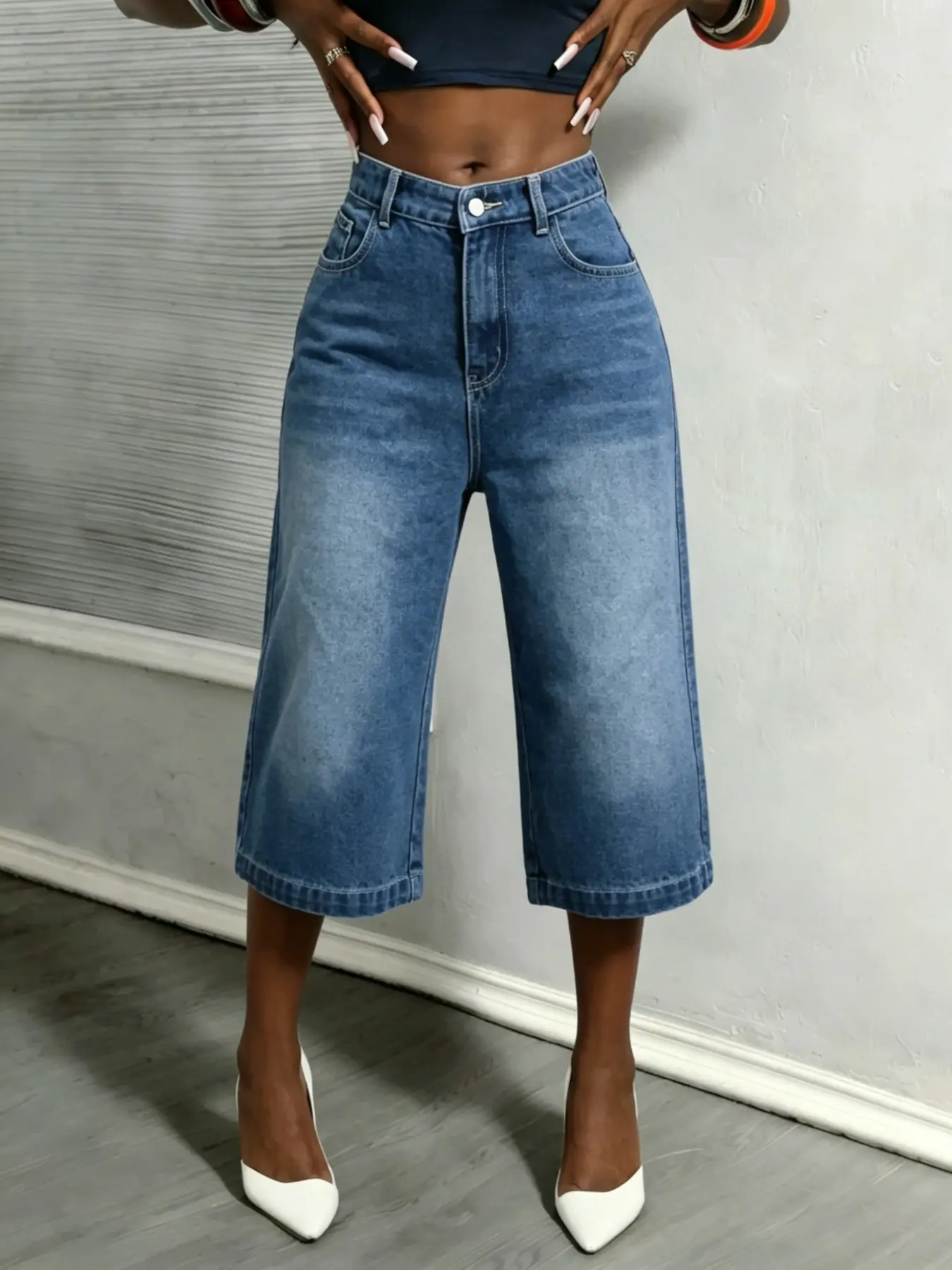 Women's High Waisted 7/8 Wide Leg Denim Culottes, Non-Stretch Baggy Cropped Jeans, Casual Loose Straight Fit Calf-Length Pants, Vintage Washed Blue, Streetwear Style for Daily Wear & Weekend Outings Everyday Womenswear Bottom Trouser Denim Lower