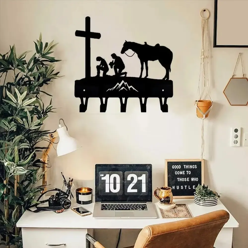 1pc Cowboy Cowgirl At The Cross Wall Mounted Hook: Pendant Wall Art Home Decor Decoration Iron Crafts Key Hanger, Rustic Western Style, Hooks For Wall, Hooks For Hanging