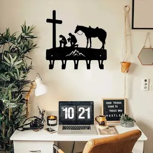 1pc Cowboy Cowgirl At The Cross Wall Mounted Hook: Pendant Wall Art Home Decor Iron Crafts Key Hanger, Rustic Western Style