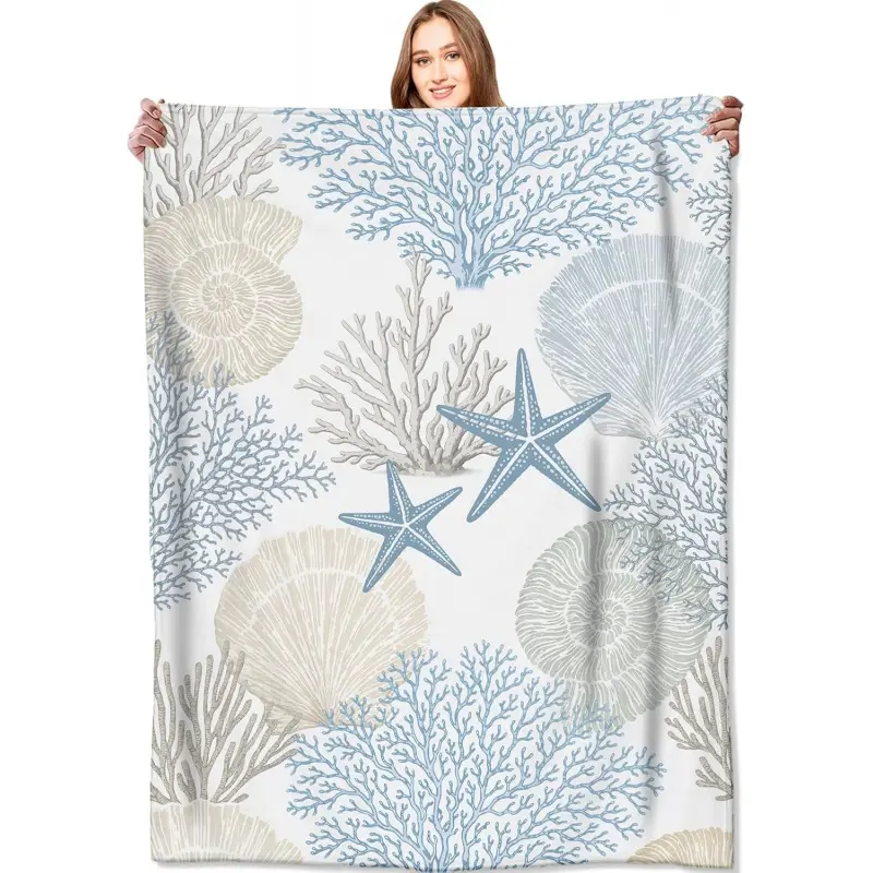 Nautical Beach Flannel Throw Blanket   Blue Beige Coral Seashell Starfish Ocean Decor, Soft Sea Fleece Blankets for Sofa Couch Bedroom, Coastal Home Decorative Gifts for Marine LoversSlim Soft One-Side PrintingSlim Soft One-Side Printing