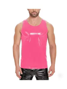 Men's Glossy Shiny Leather Cropped Tank Tops, Plain Tank Top, Sexy Scoop Neck Solid Stretch Vest, Casual Slim Fit Trim T-Shirts Sleeveless Party