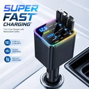 7-in-1 Retractable Fast Car Charger (120W Max): Suport PD 3.0&QC3.0,3 Integrated Cables (Dual USB-C/Lightning) + 4 Extra Ports. Features Smart Chip Safety, Voltage LED & RGB Light. Compact Road Trip Essential for Organized Charging on the Go!
