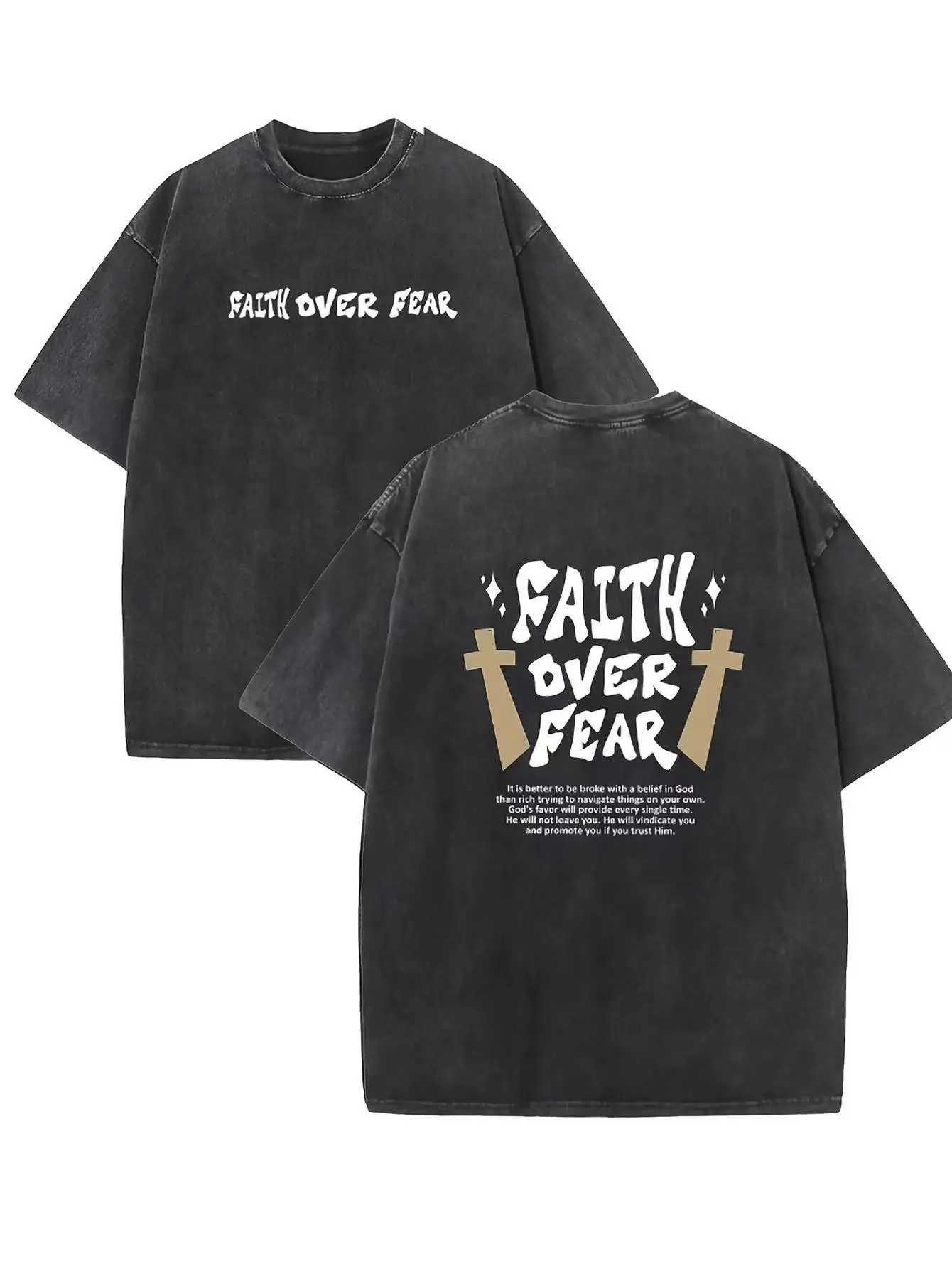 Men's Casual Classic Vintage Washed Short-Sleeve T-Shirt - Faith Over Fear Cross Double-Sided Print