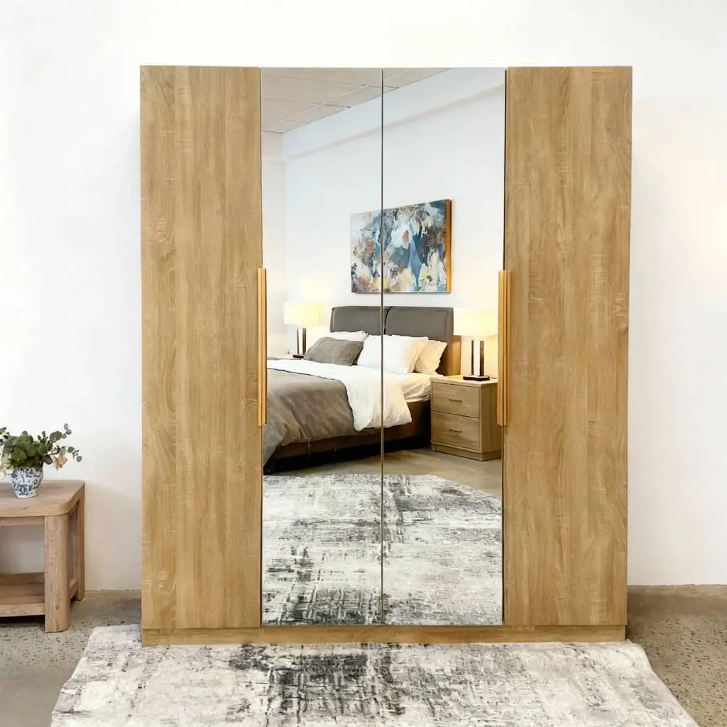 4 Door Wardrobe Cabinet for Bedroom with 2 Mirrors, Hanging & Drawer Storage
