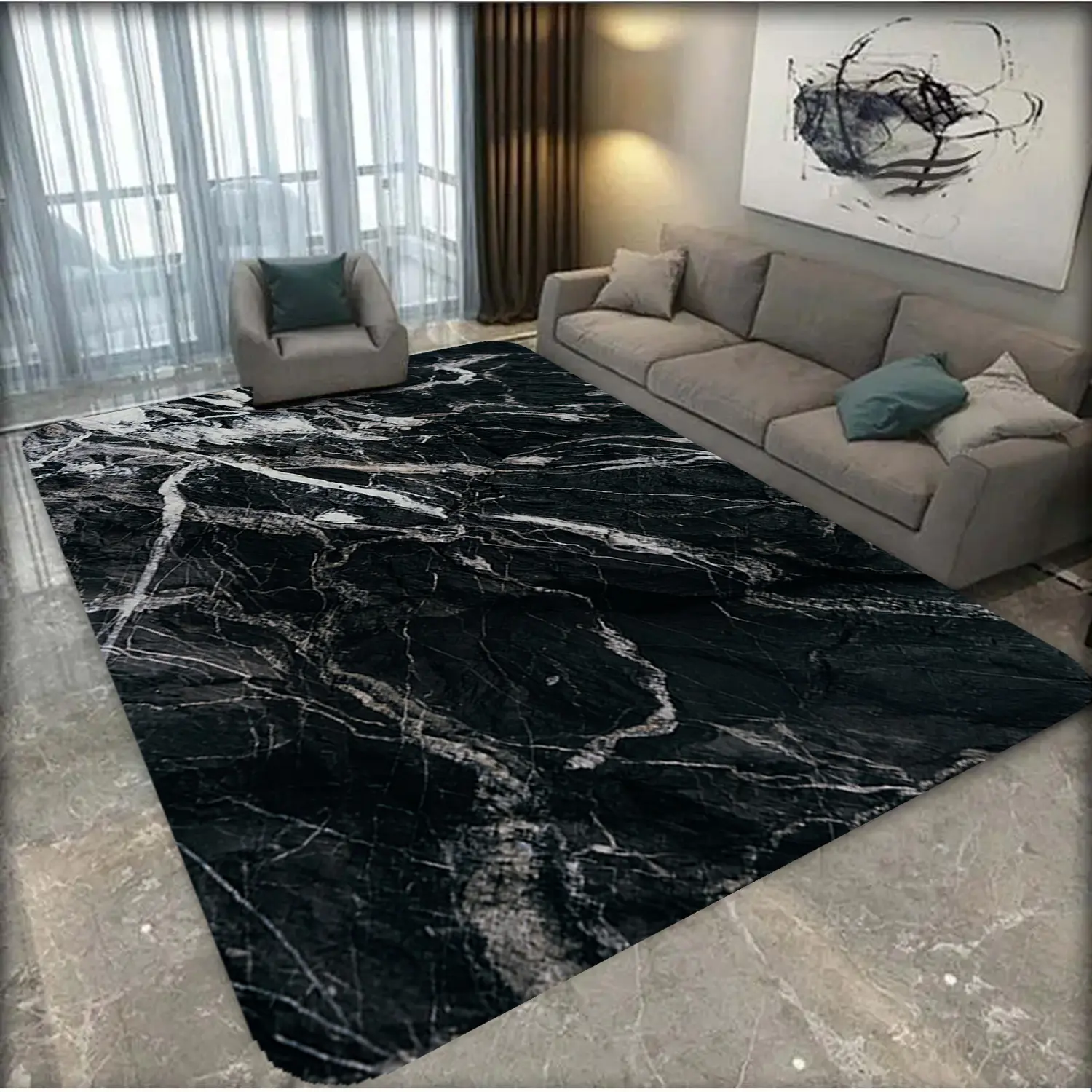 1 piece of black marble themed carpet, Home decorative rug, Home Decor Rugs, soft and absorbent, anti slip and wear-resistant, suitable for living rooms, bedrooms, home and outdoor decoration, durable and washable, can be used as pet mats