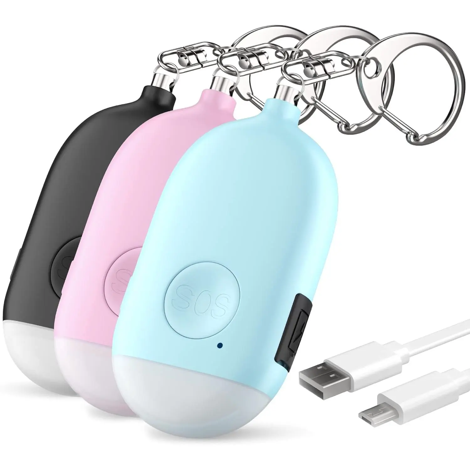 Women's Personal Alarm Keychain 3-Pack - 130 dB Siren, Flashing LED Flashlight, Micro USB Charging, Dual Activation, Alerts Emergency Situations, Increase Safety Emergency SOS Device (Black, Pink, Blue)