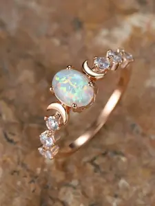 Oval Imitation Opal Engagement Rings for Women Moon Design with Synthetic Zirconia, Artificial Zircon Rings, Birthday Anniversary Gift for Her, Cubic Zirconia Rings