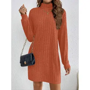 Women's Turtleneck Long Sleeve Knitted Dress Casual Solid Color Pullover Sweater Dress