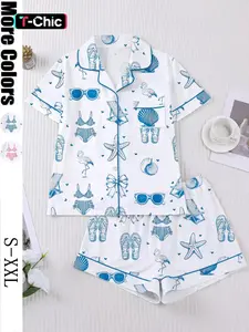 This 2-piece beach-themed bikini set features a starfish print and includes a short-sleeved collared button-down soft top and loose-fitting stretch shorts. It's a stylish and beautiful everyday outfit, perfect for holidays, parties, or casual outdoor wear
