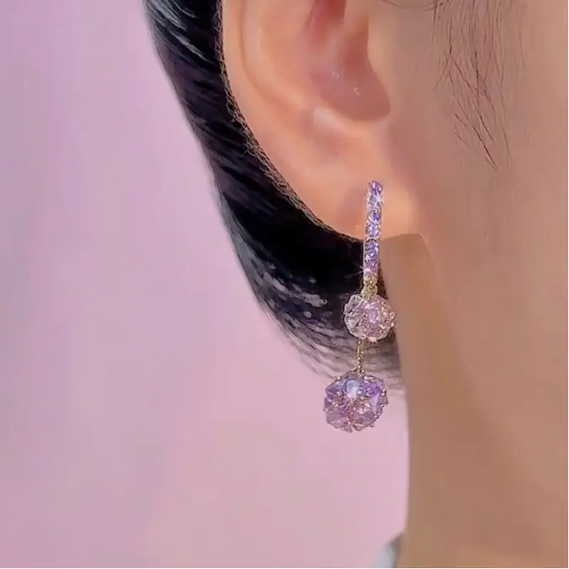 Flash & Finesse Purple Crystal Double Ball Drop Earrings for Women - 14K Gold Plated Huggie Hoop Earrings with Lavender Cubic Zirconia, S925 Sterling Silver Post, Hypoallergenic Dangle Earrings for Wedding Party Daily Wear Festival Gift