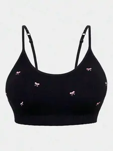 Women's Plus Size Seamless Wirefree Soft Comfortable Embroidered Camisole Bra Black Geometric Backless Bralettes Adjustable Straps Medium Support