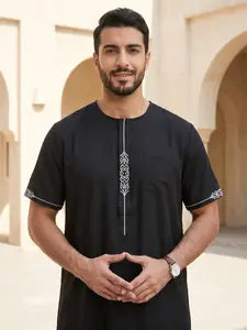 Islamic Traditional Men's Long Robe, Embroidered Striped Top, Loose-Fitting H-Type, All-Seasons Fashion Gift