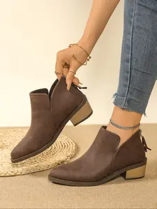 Women's Pointed Toe Short Boots, Chunky Heel Slip-On Design, Western Style Low Heel Women's Shoes, Fashionable Footwear for Daily Wear