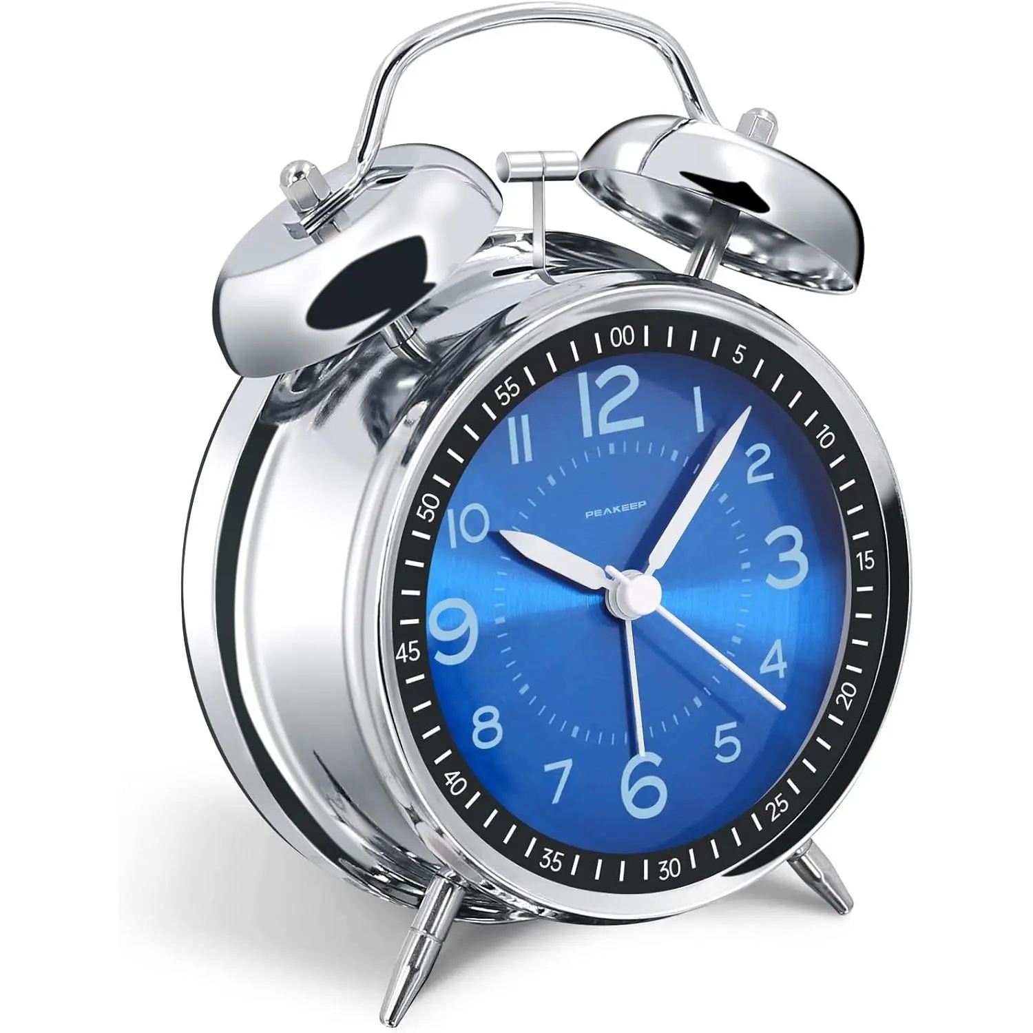 4.5-Inch Metal Twin Bell Analog Alarm Clock - Loud Battery-Operated Clock for Heavy Sleepers Adults, Bedroom Home Decor (Jewel Blue)