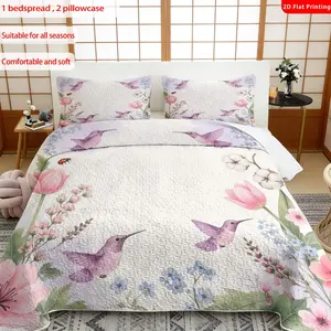 3pcs, 2D flat print Watercolor Floral bed cover set with Hummingbirds & Flowers, multiple sizes available, bedding set, festive decorative bedding, ideal for bedroom décor(1 bedspread , 2 pillowcase)
