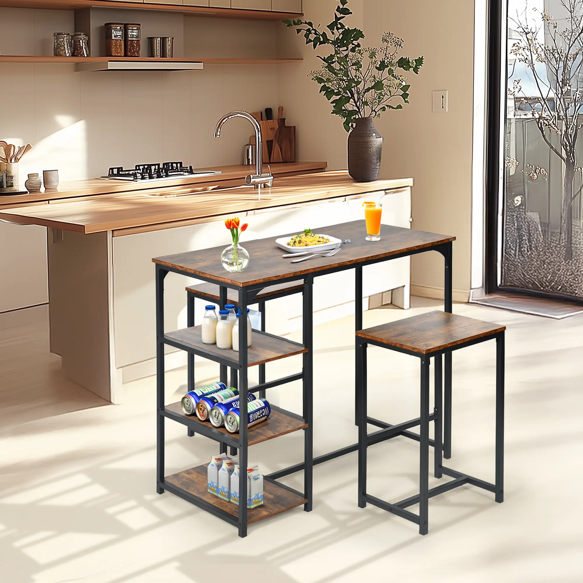 Homy Casa Holly Crimso Industrial Bar Table and 2 Stools Set for Small Spaces Narrow High Top Table with Storage Shelf Fire Pattern Wood Look Black Metal Frame Pub Bistro Dining Set Apartment & Kitchen Furniture