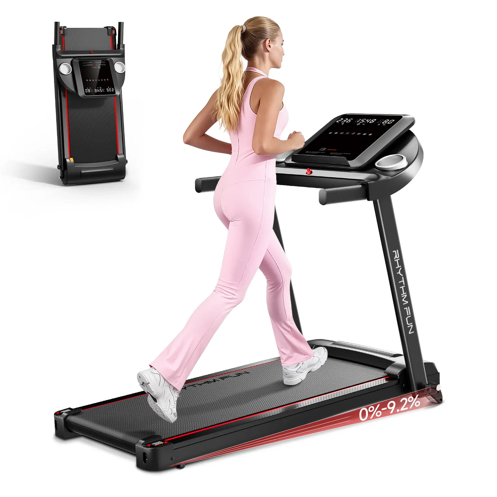RHYTHM FUN Treadmill for Home Use, Smart Folding Walking Treadmill with Manual Incline & App Control, 8 MPH Max Speed, 300 lbs Capacity, Multifunctional Home Gym Equipment, Home Gym Treadmill