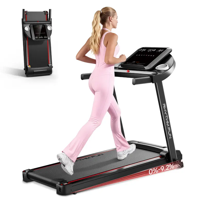 RHYTHM FUN 8 MPH Foldable Treadmill with Incline 300 lbs Capacity Running Machine 12 Pre-Installed Programs LED Display & App Control Multifunctional Walking Pad Multifunctional Workout Station  Home Fitness Equipment exercise equipment